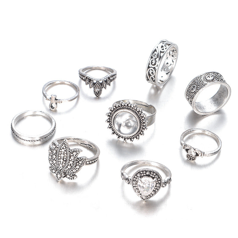 Retro Ethnic-Style Joint Ring Set Of 9 With Bold Gemstone Combinations