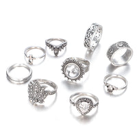 Retro Ethnic-Style Joint Ring Set Of 9 With Bold Gemstone Combinations