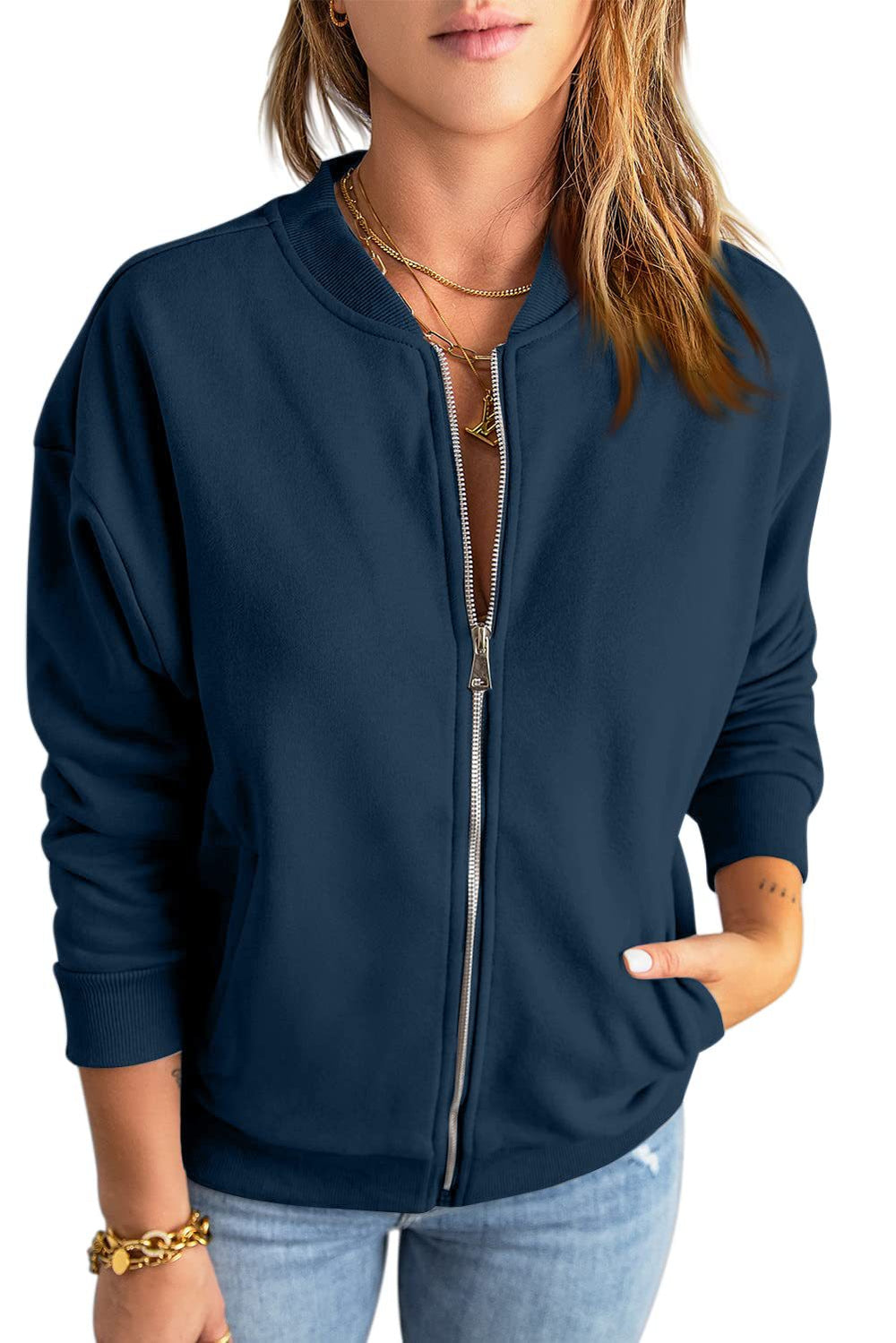 Women's Fashion Solid Color Zipper Jacket Coat