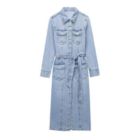 Elegant Notched Collar Long-Sleeve Distressed Denim Belted Dress For Women