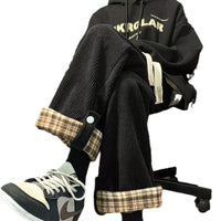 Plaid-cuffed Straight-leg Loose-fit Vintage Mens Casual Trousers