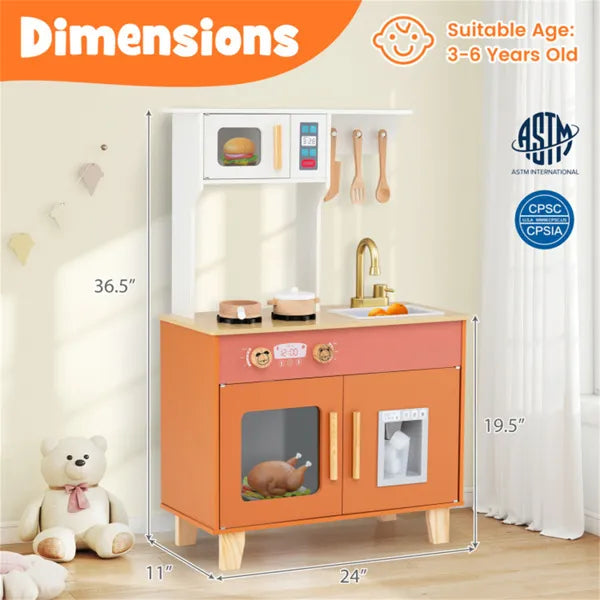 Orange Kids Play Kitchen With Realistic Faucet & Ice Dispenser, Anti-Tipping Pretend Cooking Set For Ages 3-6