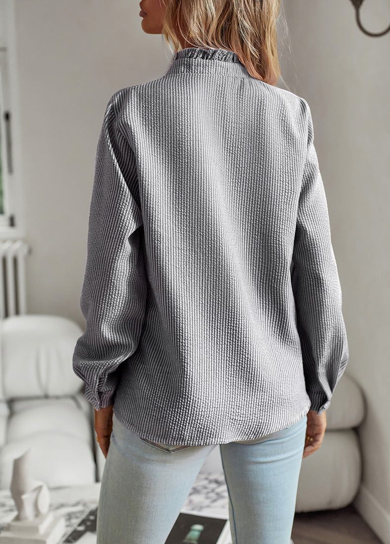 Elegant Striped Ruffle Button-Up Shirt for Women