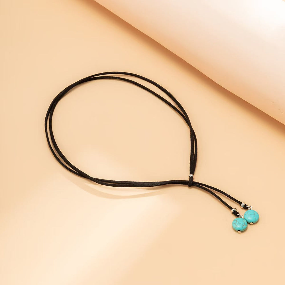 Black Rope And Turquoise Pendant Necklace With Drawstring For Women