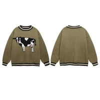 American-style Retro Cute Cow Crewneck Pullover Couple Sweater