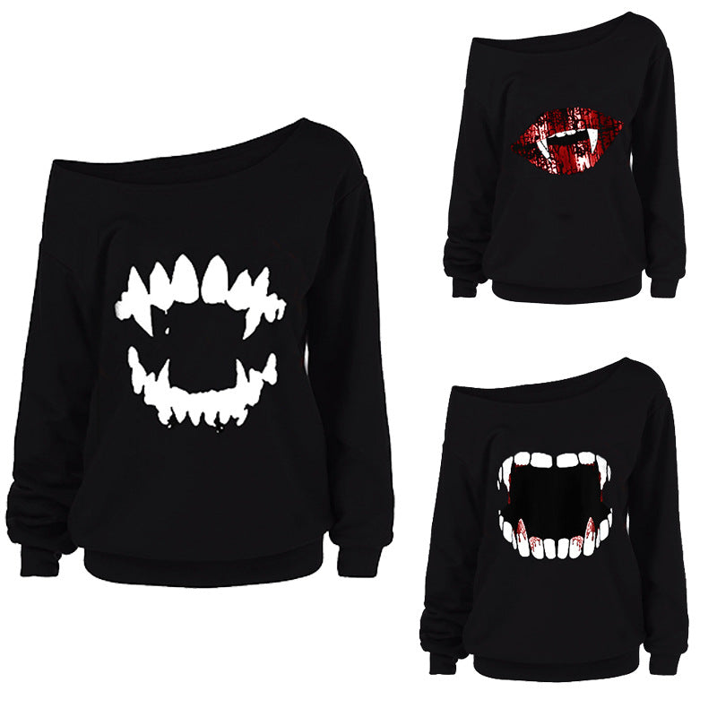 Halloween Print Long Sleeve Slanted Shoulder Top
