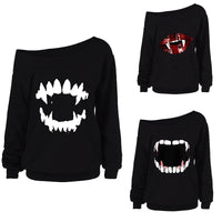 Halloween Print Long Sleeve Slanted Shoulder Top